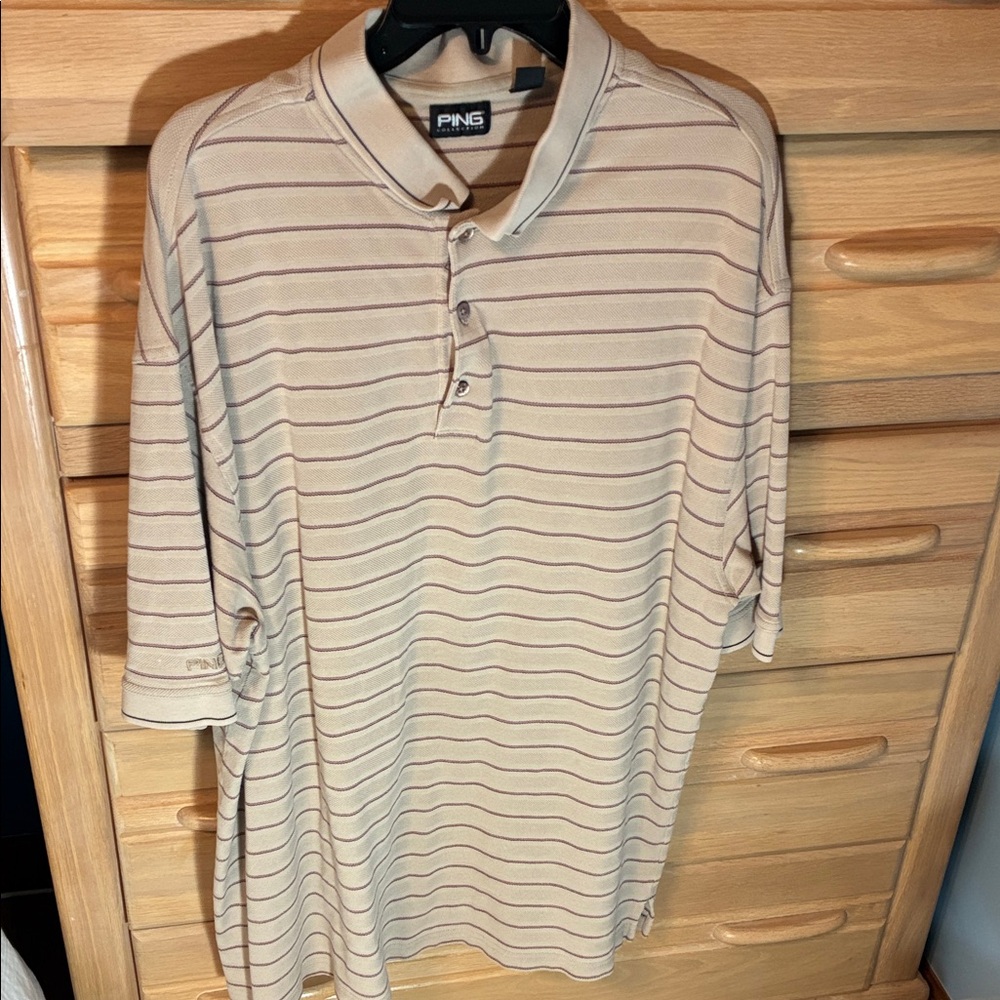 Ping Men's Beige and Brown Striped Polo Shirt XXL Dadcore Golf